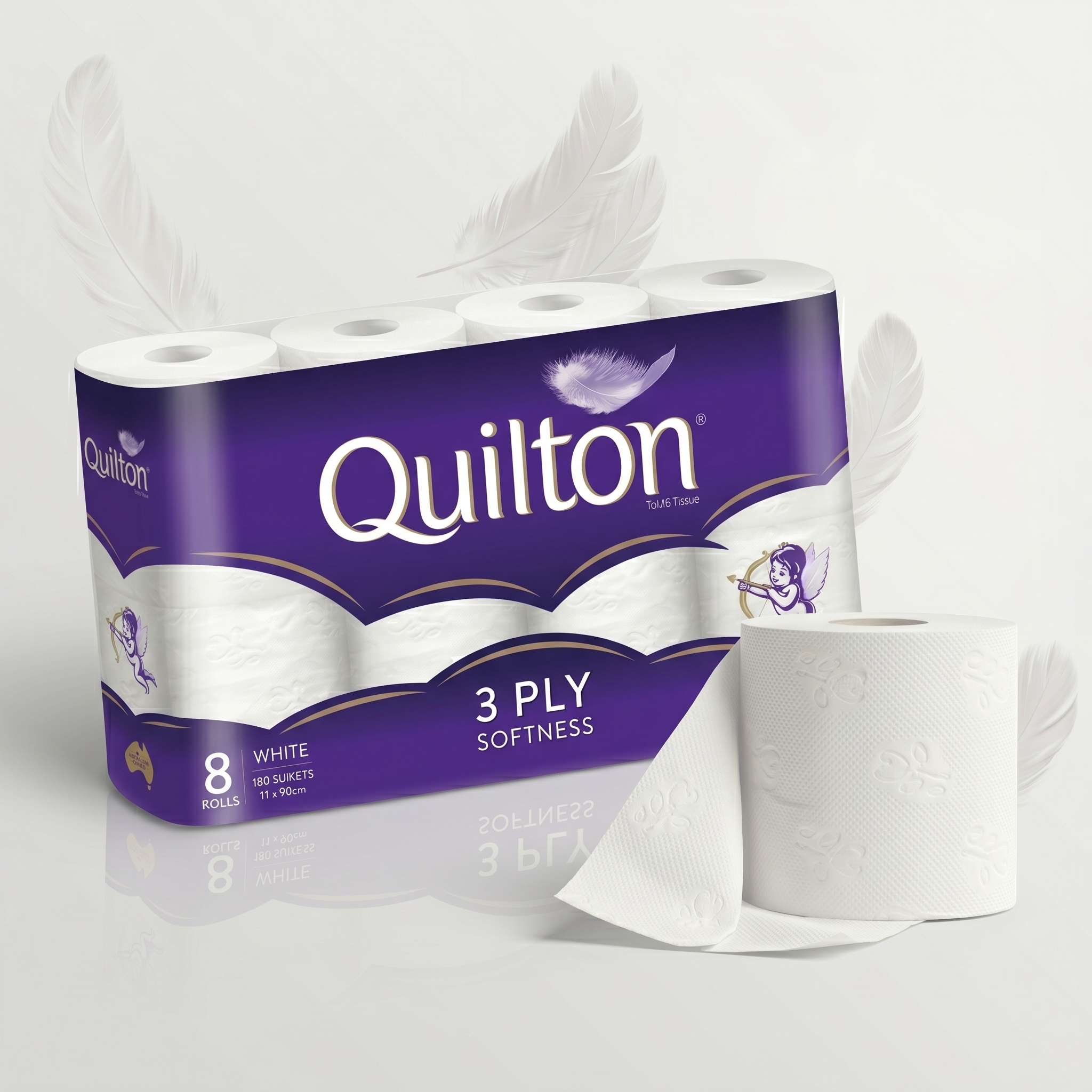 Quilton 3-Ply Toilet Tissue - 8 White Rolls, 180 Sheets per Roll