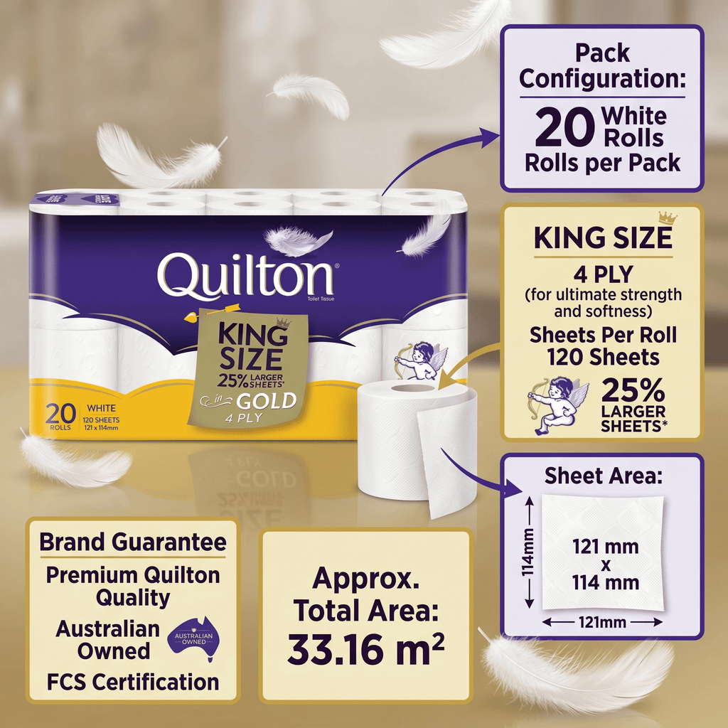Quilton Premium Gold 4-Ply Toilet Paper - King Size Comfort (20 Pack Bulk Buy)