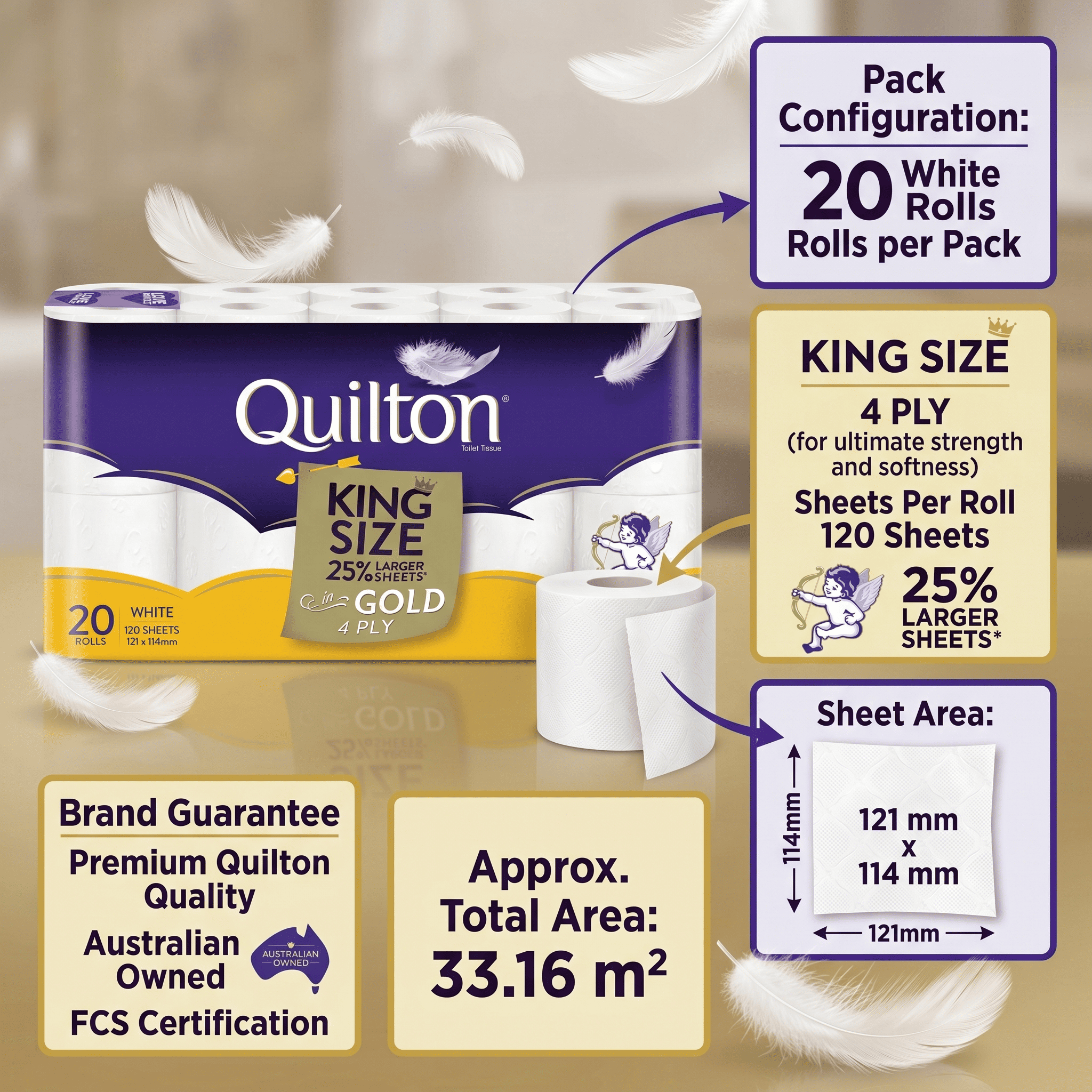 Quilton Premium Gold 4-Ply Toilet Paper - King Size Comfort (20 Pack Bulk Buy)